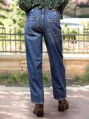 Women’s Chic Stylish Mid Waist Wash Drawstring Stitch Detail Carrot Jeans