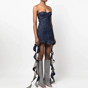 Women's Ruffle Denim Corset Strapless Minidress