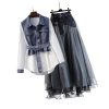 Women Spring Denim Shirt+ Skirt Two Elegant Long Sleeve Blouse Dress Set