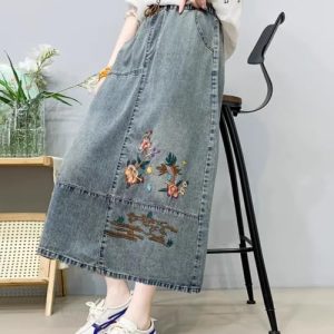Denim Skirt for Women in Spring Summer Retro Ethnic Style Embroidered Waist Loose Slim Casual Midlength