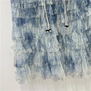 Women's Tie-Dye Denim Maxi Skirt, Gauze Patchwork with Distressed Hem Detail