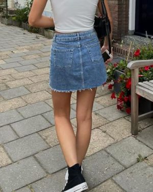 Womens Jean Skirt Stretch Casual 2025 Summer Short Basic Fringed Slim Fit Denim Bodycon Pencil Skirts