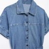 Summer Womens Denim Dress Turn Down Collar Single Breasted Mini Pleated Lace Up Casual Dress