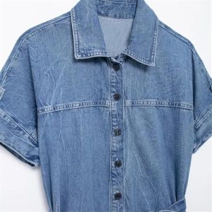 Summer Womens Denim Dress Turn Down Collar Single Breasted Mini Pleated Lace Up Casual Dress