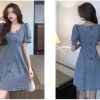 Summer Womens Blue Comfortable Denim Dress Puff Sleeve Short Casual Jean Dress