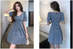 Summer Womens Blue Comfortable Denim Dress Puff Sleeve Short Casual Jean Dress