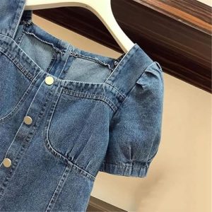Summer Short Sleeve Button Down Denim Dress for Women Slim Fit Jean Mini Dresses