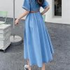 High Waist Short Sleeve Turn Down Collar Single Breasted Denim Dress for Women Modern Classic Vintage Long Dress