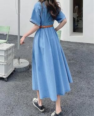 High Waist Short Sleeve Turn Down Collar Single Breasted Denim Dress for Women Modern Classic Vintage Long Dress