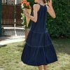 Women's Blue Long Dress, Summer Denim Halter Neck Sleeveless Beach Vacation Casual Mid Dress