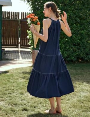 Women's Blue Long Dress, Summer Denim Halter Neck Sleeveless Beach Vacation Casual Mid Dress