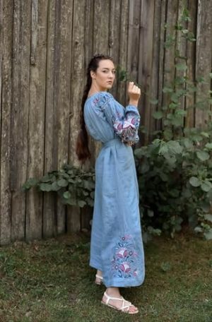 New Collection 2023 Ukrainian Vyshyvanka Dress Floral Bohemian Dress Embroidered Summer Boho Dress Long Linen Dress Blue Jeans