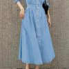 Women Denim Shirt Dress V Neck Short Sleeve Long Bottom Down A-Line Jeans Dresses with Pockets