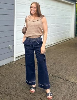 Wide Leg Jeans for Women High Waisted Cropped Pull On Jeans Elastic Wasit Drawstring Stretch Denim Trouser Pants