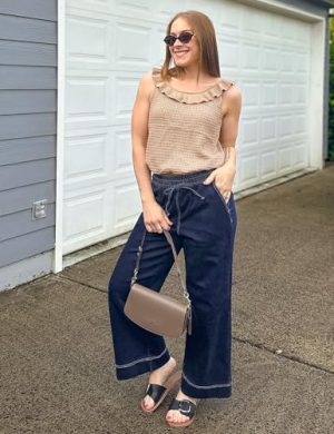 Wide Leg Jeans for Women High Waisted Cropped Pull On Jeans Elastic Wasit Drawstring Stretch Denim Trouser Pants