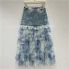 Women's Tie-Dye Denim Maxi Skirt, Gauze Patchwork with Distressed Hem Detail