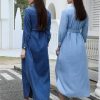 Flattering Belted A Line Summer Dress Casual Denim Midi Dress Ankle Length Long Sleeve Pullover Blouse Skirt(Blue,X-Small Tall)
