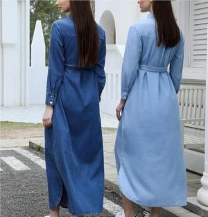Flattering Belted A Line Summer Dress Casual Denim Midi Dress Ankle Length Long Sleeve Pullover Blouse Skirt(Blue,X-Small Tall)