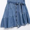 Summer Womens Denim Dress Turn Down Collar Single Breasted Mini Pleated Lace Up Casual Dress