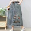 Denim Skirt for Women in Spring Summer Retro Ethnic Style Embroidered Waist Loose Slim Casual Midlength