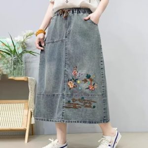 Denim Skirt for Women in Spring Summer Retro Ethnic Style Embroidered Waist Loose Slim Casual Midlength