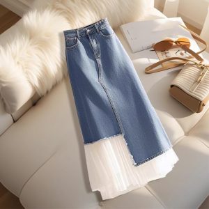 Blue Denim Skirt Spring Waist Hip- Women
