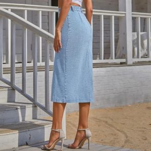Trendy High Waisted Denim Skirt for Women Button Front Slit Midi Skirt for Ladies Fashion 2025 Summer