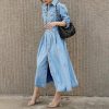 Women Denim Shirt Dress V Neck Short Sleeve Long Bottom Down A-Line Jeans Dresses with Pockets