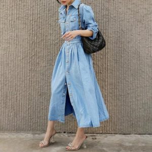 Women Denim Shirt Dress V Neck Short Sleeve Long Bottom Down A-Line Jeans Dresses with Pockets
