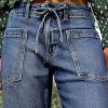 Women’s Chic Stylish Mid Waist Wash Drawstring Stitch Detail Carrot Jeans