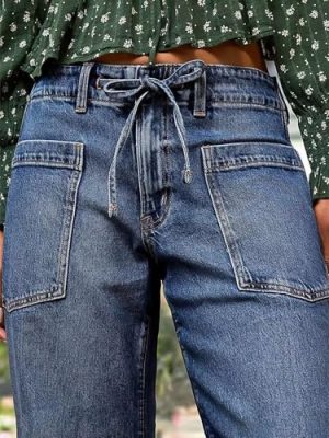 Women’s Chic Stylish Mid Waist Wash Drawstring Stitch Detail Carrot Jeans