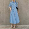 Women Denim Shirt Dress V Neck Short Sleeve Long Bottom Down A-Line Jeans Dresses with Pockets