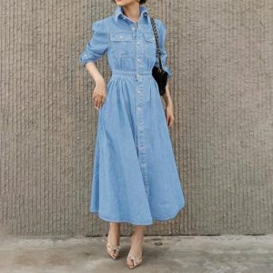 Women Denim Shirt Dress V Neck Short Sleeve Long Bottom Down A-Line Jeans Dresses with Pockets