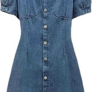 Summer Short Sleeve Button Down Denim Dress for Women Slim Fit Jean Mini Dresses