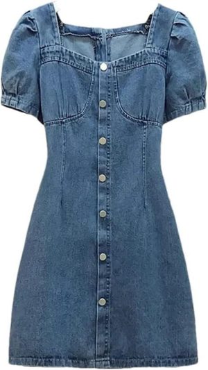 Summer Short Sleeve Button Down Denim Dress for Women Slim Fit Jean Mini Dresses