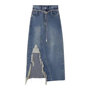 Irregular Tassel Denim Skirt for Women in Summer Fat Waist her HIPS Look Slim Midlength