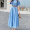 High Waist Short Sleeve Turn Down Collar Single Breasted Denim Dress for Women Modern Classic Vintage Long Dress