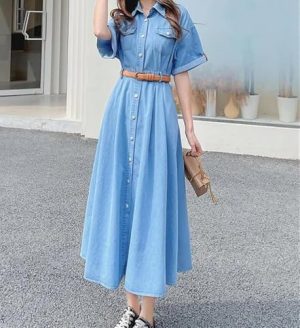 High Waist Short Sleeve Turn Down Collar Single Breasted Denim Dress for Women Modern Classic Vintage Long Dress