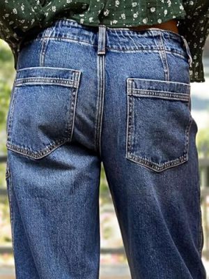 Women’s Chic Stylish Mid Waist Wash Drawstring Stitch Detail Carrot Jeans
