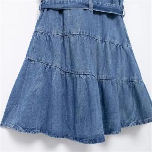 Summer Womens Denim Dress Turn Down Collar Single Breasted Mini Pleated Lace Up Casual Dress