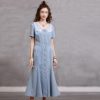 Slim Denim Long Skirt Retro Patchwork Embroidered Short Sleeved Dress
