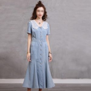 Slim Denim Long Skirt Retro Patchwork Embroidered Short Sleeved Dress