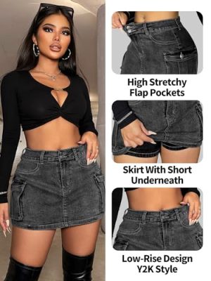 High Stretchy Denim Cargo Skort for Women, High Waist, Casual Mini Y2K Jean Skirt Shorts with Pockets