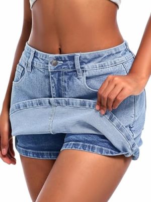High Stretchy Mini Skort Skirt for Women,Low Waist Denim Skort Shorts with Pockets