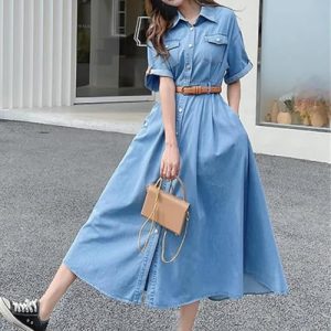 High Waist Short Sleeve Turn Down Collar Single Breasted Denim Dress for Women Modern Classic Vintage Long Dress