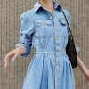 Women Denim Shirt Dress V Neck Short Sleeve Long Bottom Down A-Line Jeans Dresses with Pockets