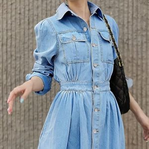 Women Denim Shirt Dress V Neck Short Sleeve Long Bottom Down A-Line Jeans Dresses with Pockets