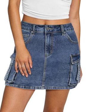 Jean Skirts for Women Denim Stretchy Cargo High Waisted Trendy Y2K Mini Skirt with Utility Pockets