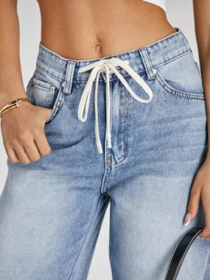 Womens Baggy Wide Leg Jeans Boyfriend Drawstring High Waisted Mom Denim Pants with Pockets