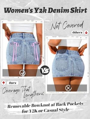 Denim Mini Skirt Women Jeans Skirts 5 Pockets High Waisted Y2K Stretch Cute Bows Short Jean Skirt